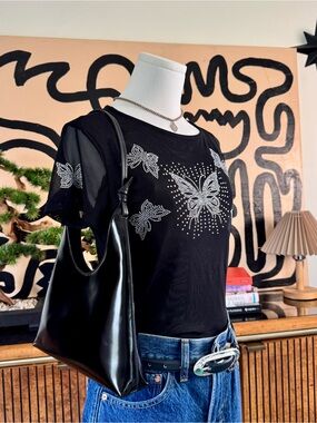 Y2K Faded Rose Rhinestone Butterfly Mesh Top Black Sheer Crop Top Size S